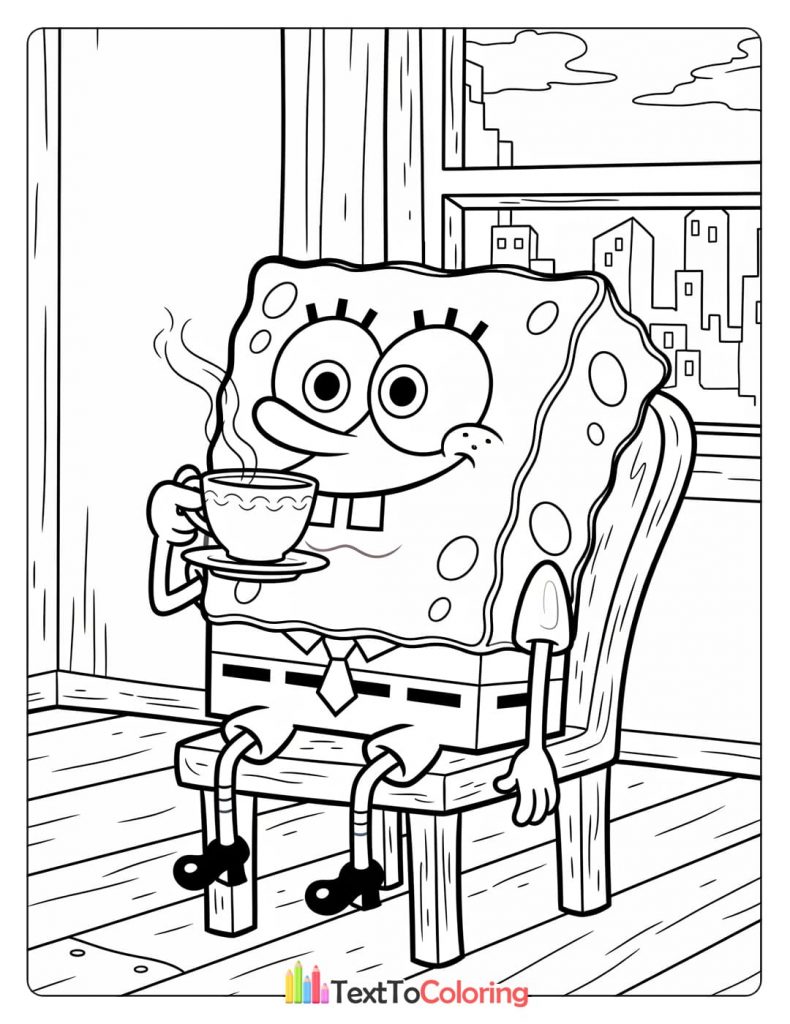 Spongebob drinking coffee by the window coloring page