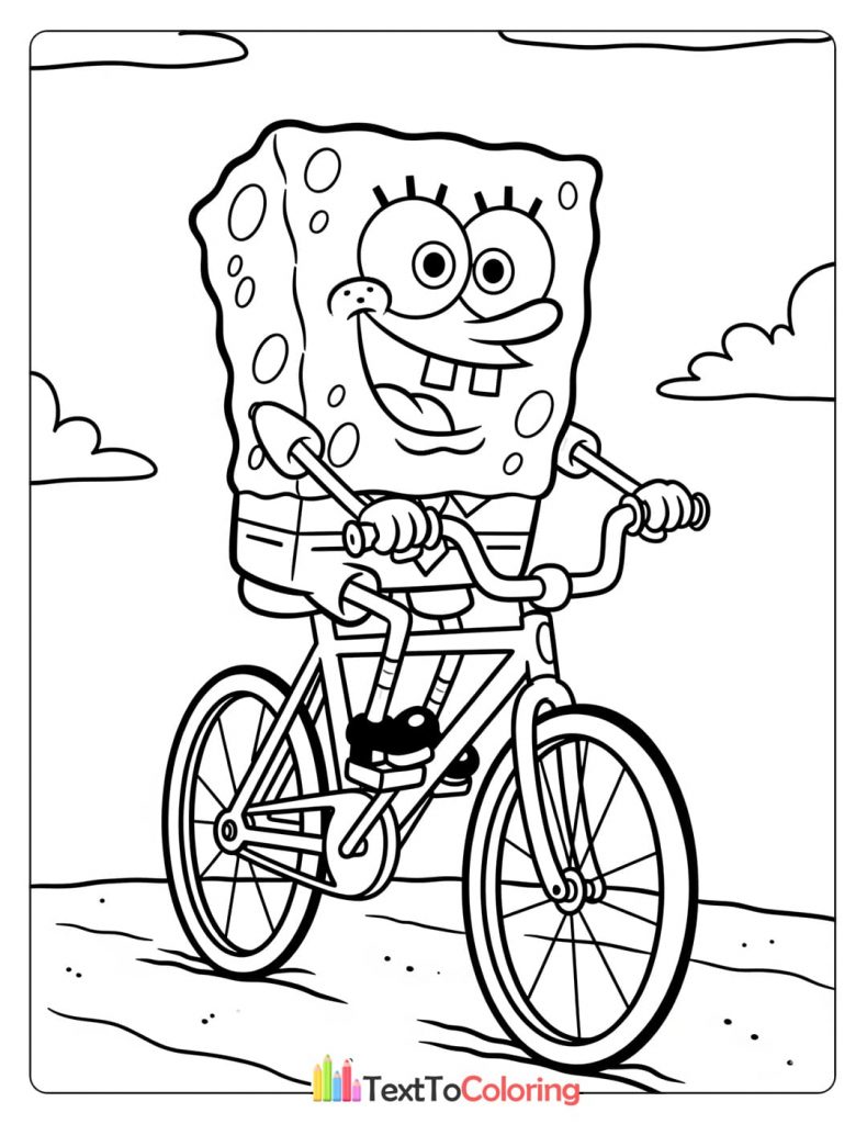 Coloring page of Spongebob happily riding a bike