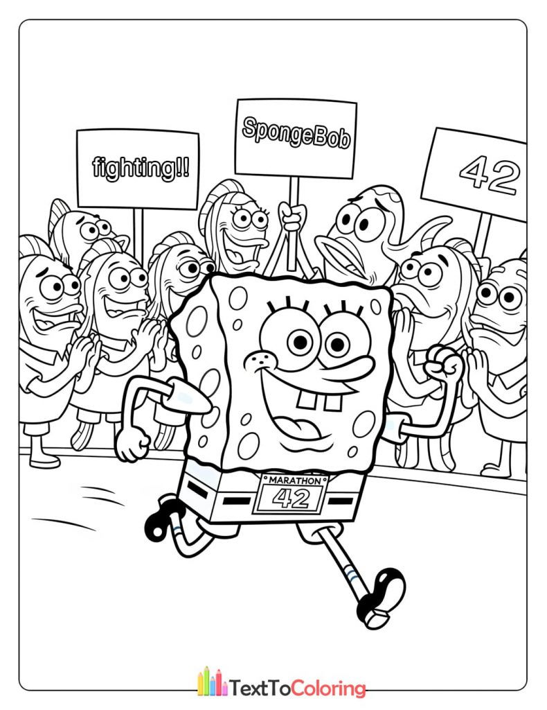 Coloring page of Spongebob running in a marathon race