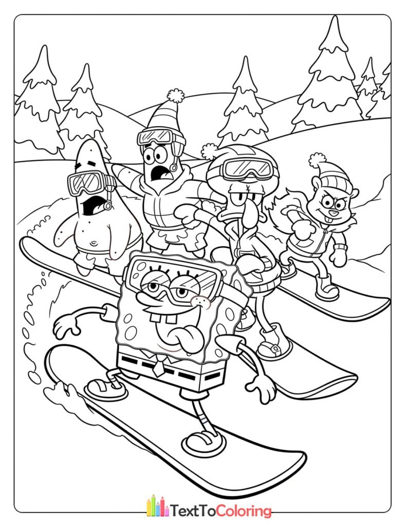 Spongebob skiing downhill with friends in the snow