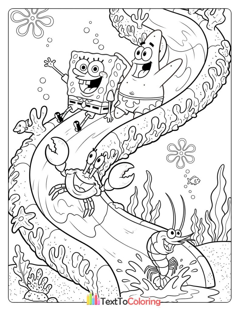 Coloring page of Spongebob having fun on an underwater water slide