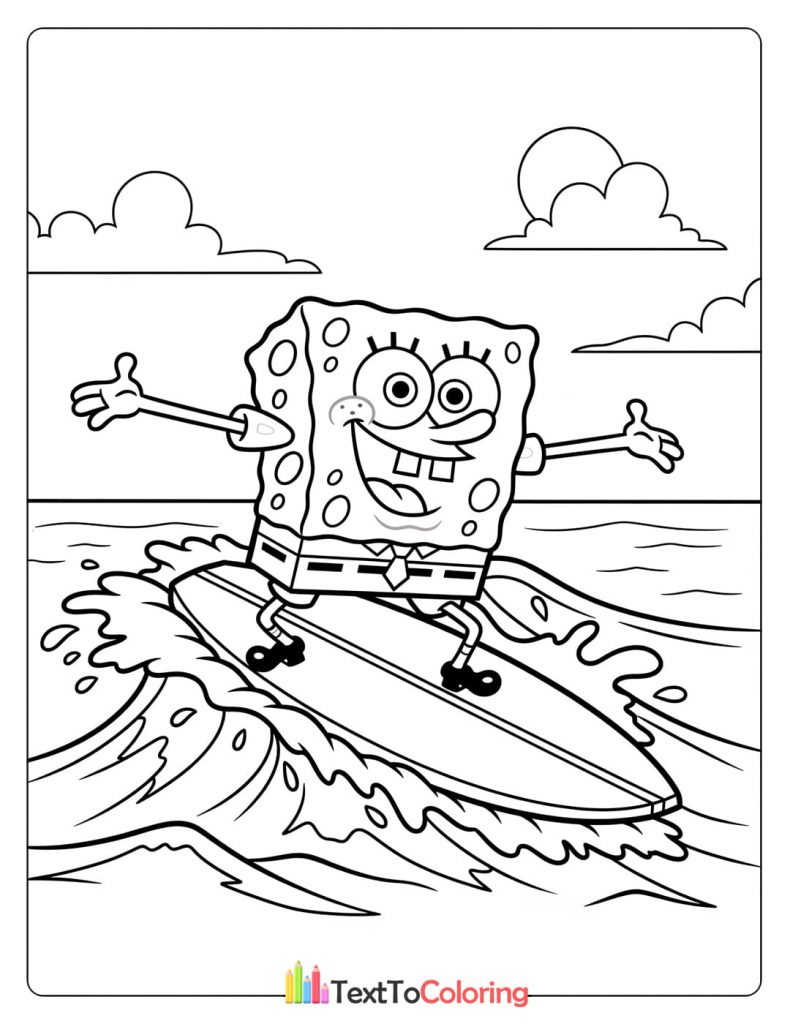 Free download Spongebob surfing coloring page printable PDF