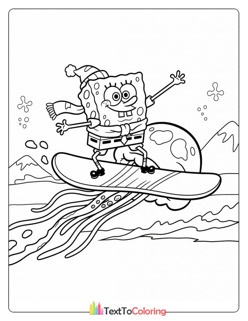 Spongebob surfing with jellyfish in the ocean coloring page