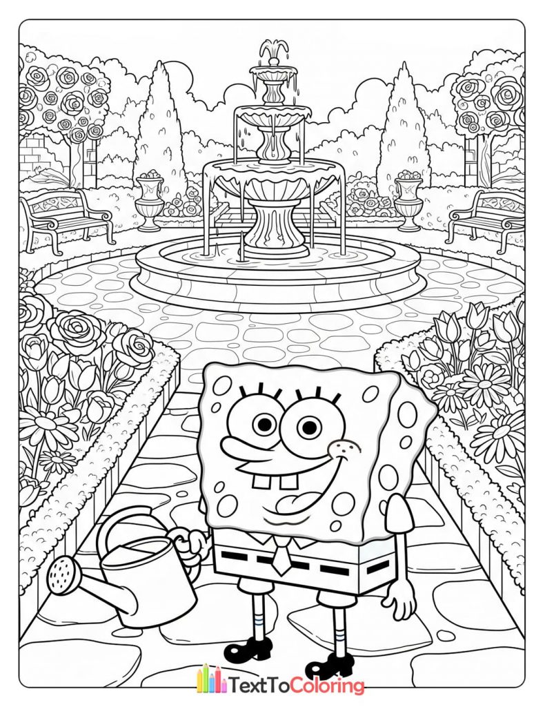 Coloring page of Spongebob watering plants near a fountain in the park