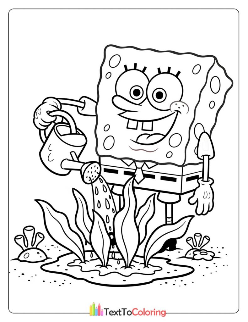 Coloring page of Spongebob watering plants in the ocean