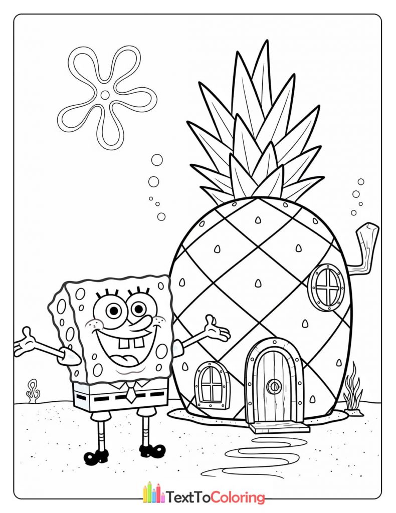 Printable coloring page of Spongebob outside his pineapple house in Bikini Bottom