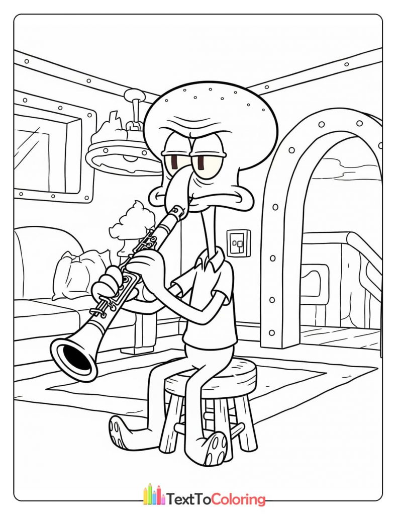 Coloring page of Squidward Tentacles playing the clarinet
