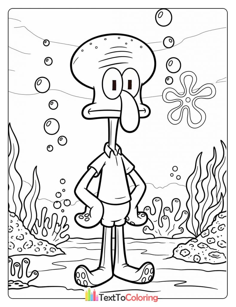 Printable coloring page of Squidward Tentacles standing underwater