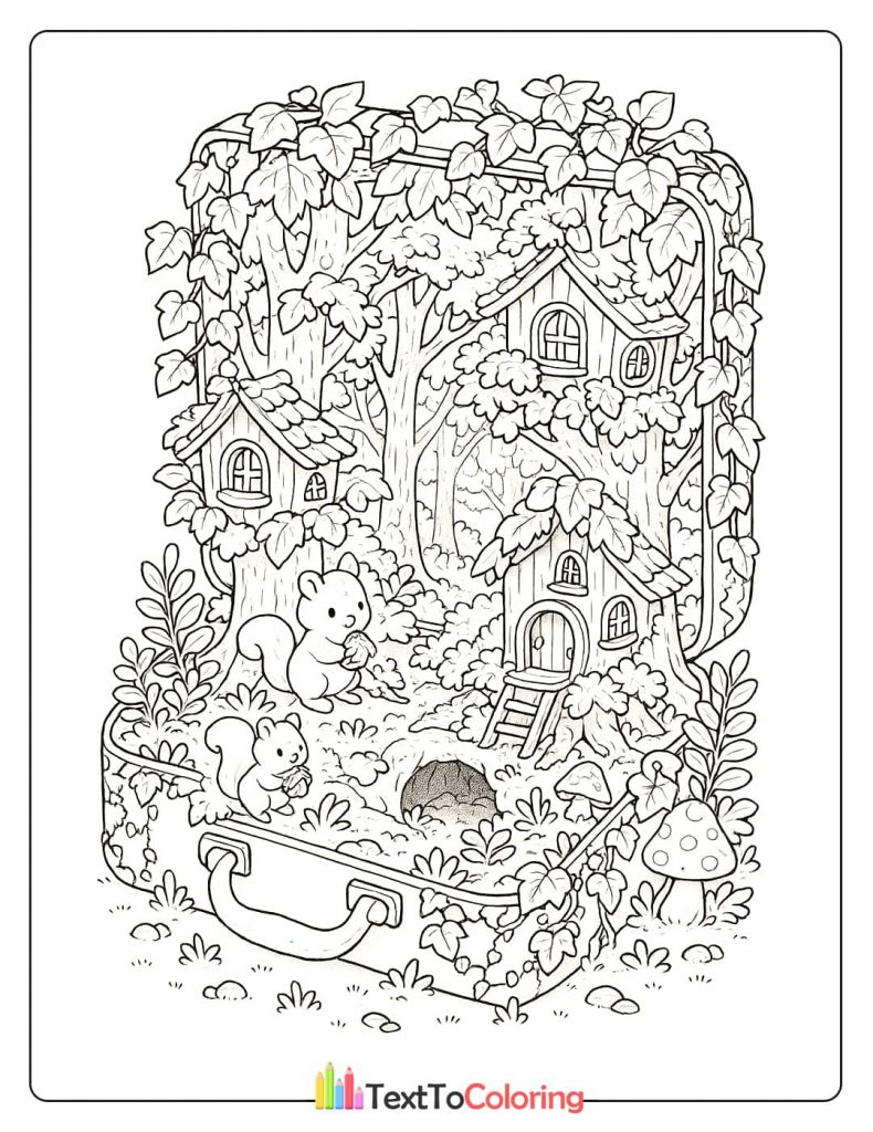 A coloring page of two squirrels in a miniature forest village with tree houses inside a suitcase.