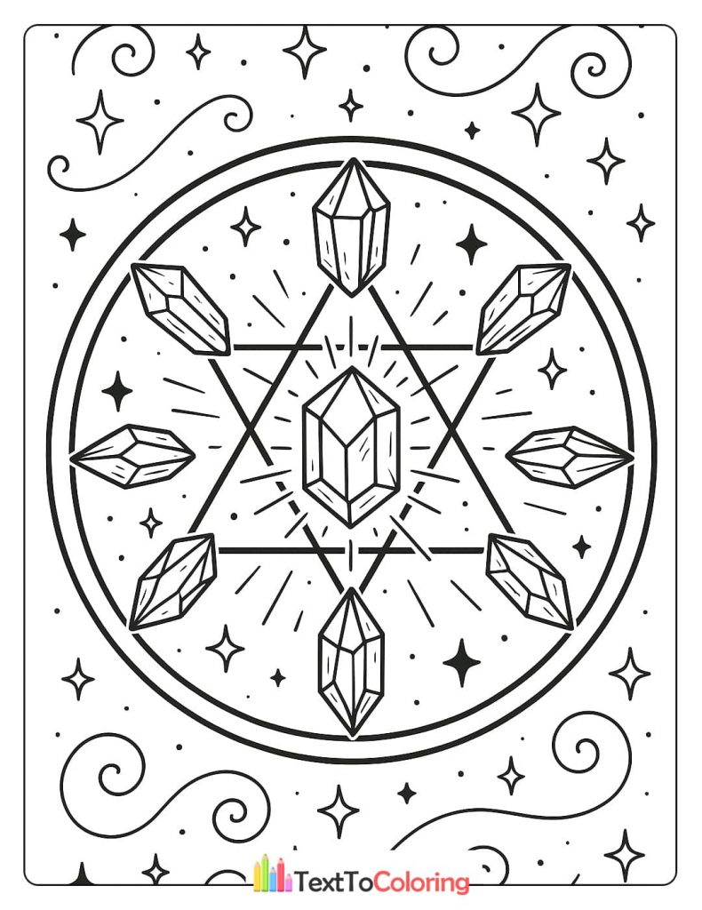 An intricate circular mandala with a large Star of David symbol made of crystals. The design is detailed with radiating lines and surrounded by tiny stars and sparkling patterns.