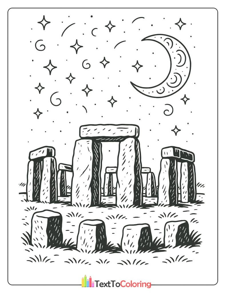 A historical and mystical coloring page of the Stonehenge monument. A detailed crescent moon and stars illuminate the ancient stone circle, suggesting a nighttime ceremony.