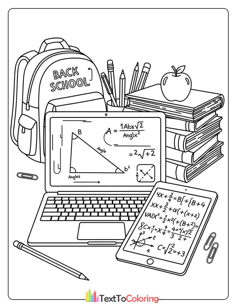 Printable coloring page of a study desk with laptop, books, and stationery.