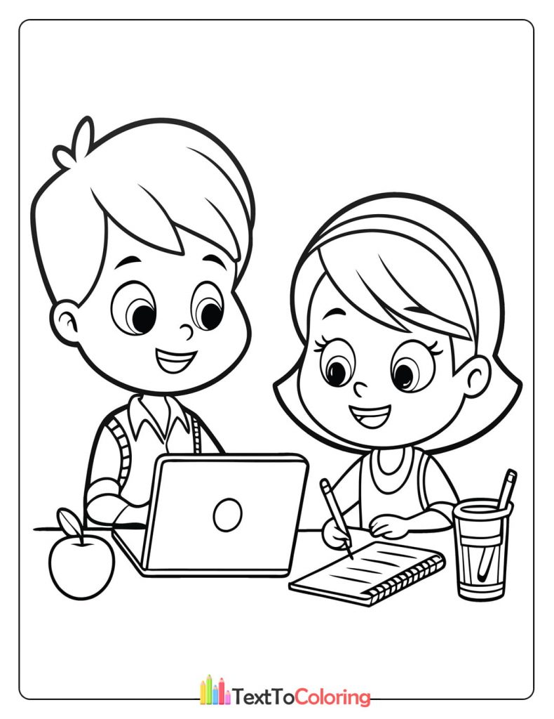 Coloring page of two kids studying together with a laptop and notebook.