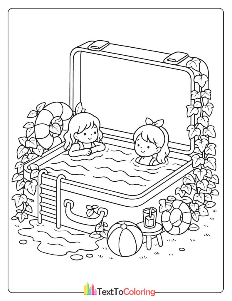 A coloring page of two kids swimming in a pool made from a suitcase.