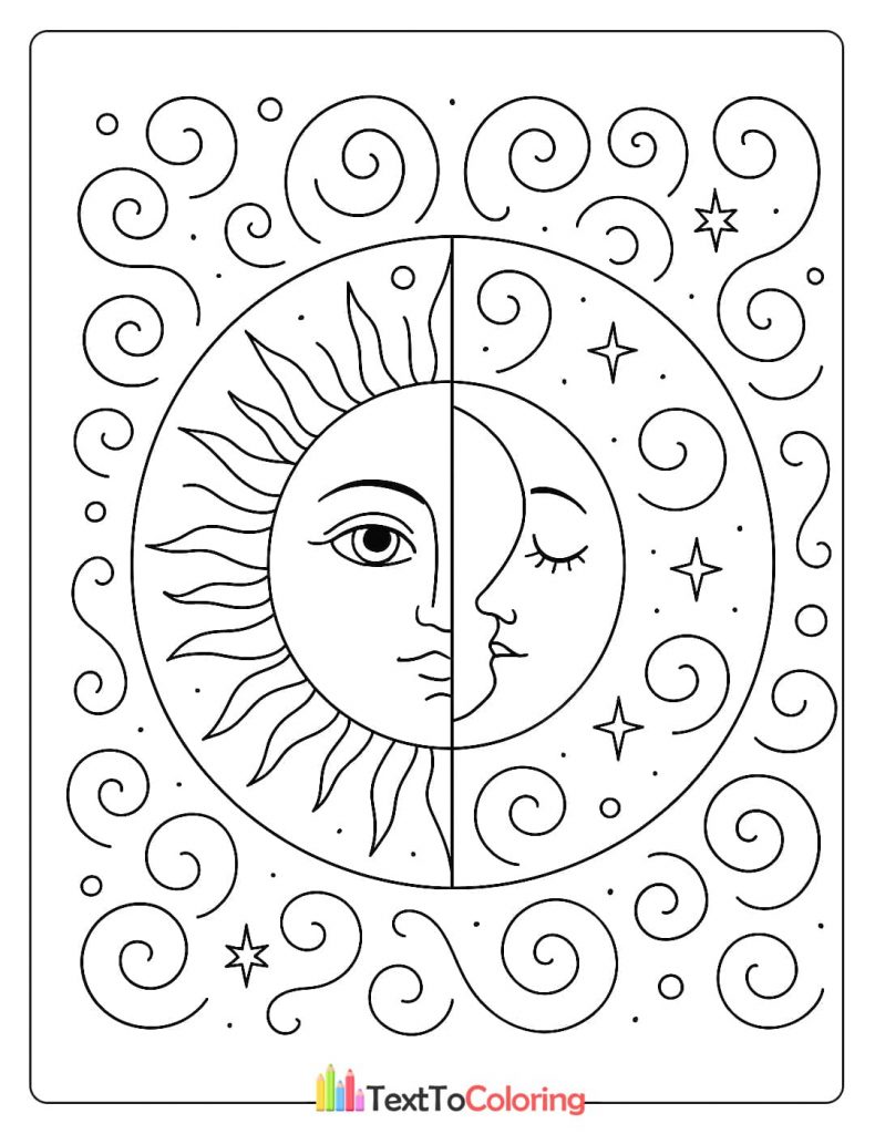 A celestial coloring page showing the sun and moon as two halves of a single face. The sun has radiating beams, while the crescent moon has a peaceful sleeping expression, surrounded by swirls and stars.