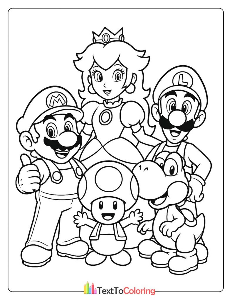 A coloring page of Mario, Luigi, Princess Peach, Toad, and Yoshi