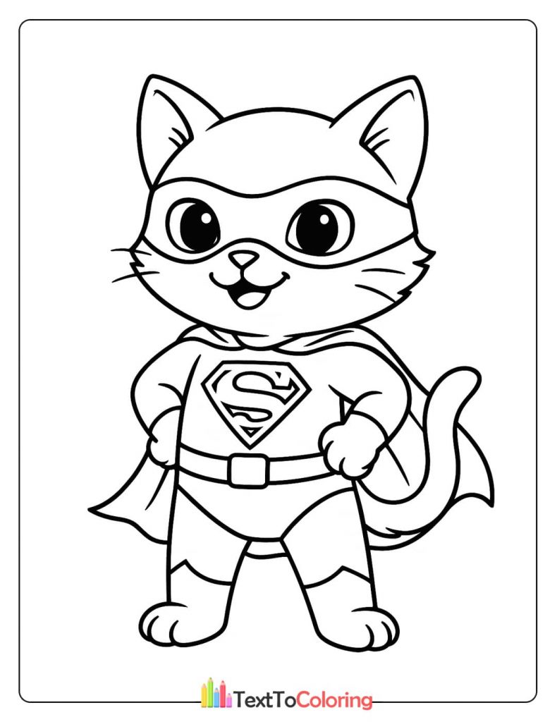 A fun coloring page of a brave kitten wearing a superhero costume with a mask, cape, and a big 'S' on its chest.