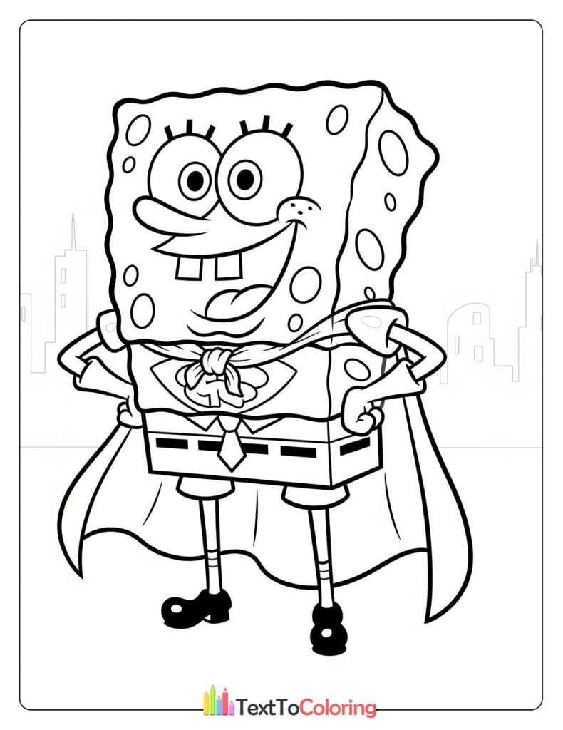 Free printable coloring page of Spongebob dressed as a superhero