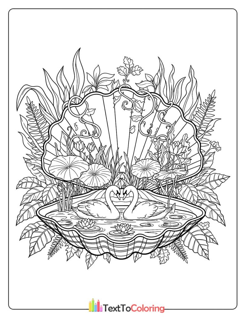 A coloring page of two graceful swans in a pond shaped like a seashell.