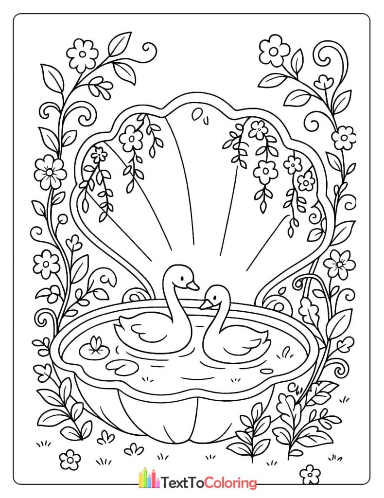 A coloring page of two swans in a pond shaped like a seashell surrounded by plants.