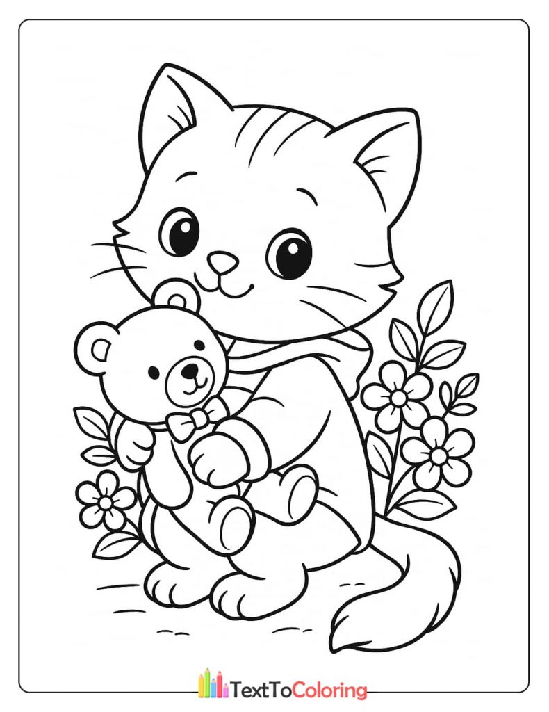 A heartwarming coloring page of a loving kitten wearing a hoodie and holding a cute teddy bear toy.