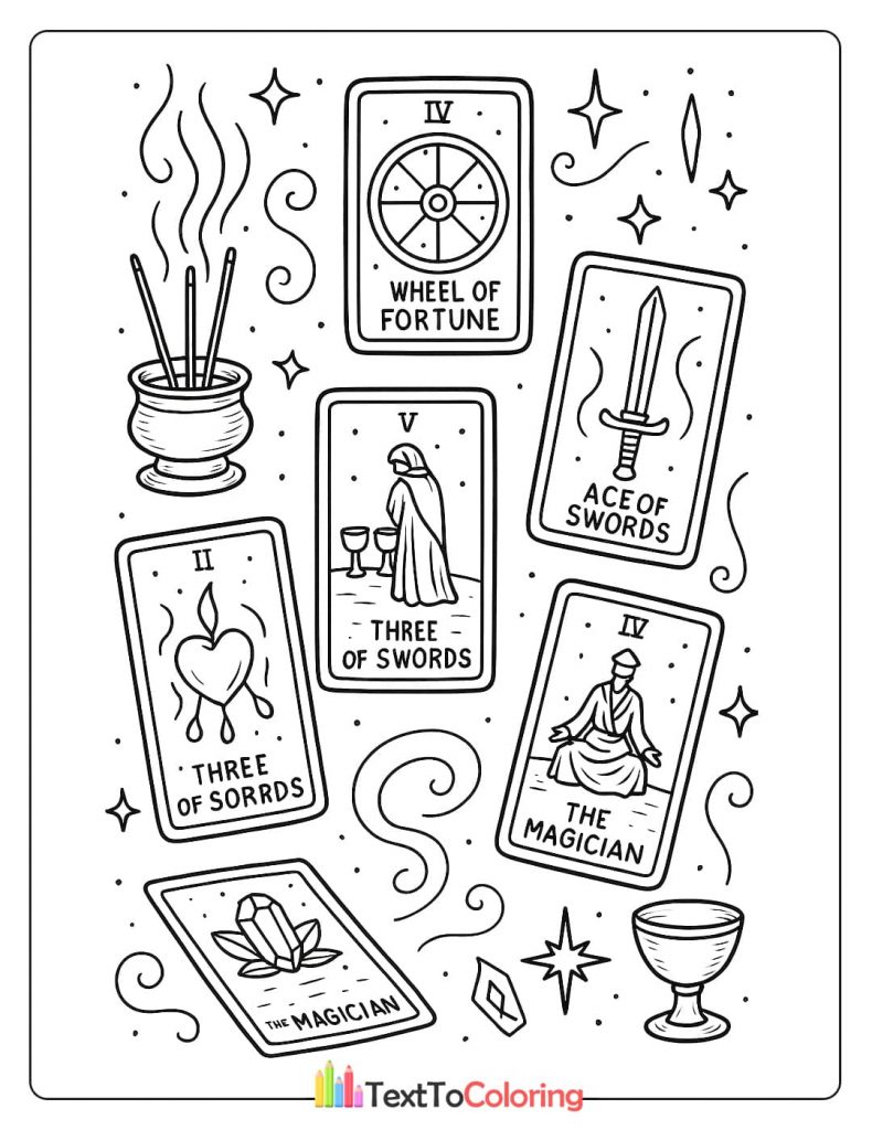A coloring page of a tarot card spread with various Major and Minor Arcana cards, including the Wheel of Fortune, Three of Swords, Ace of Swords, and The Magician. An incense burner is also visible.
