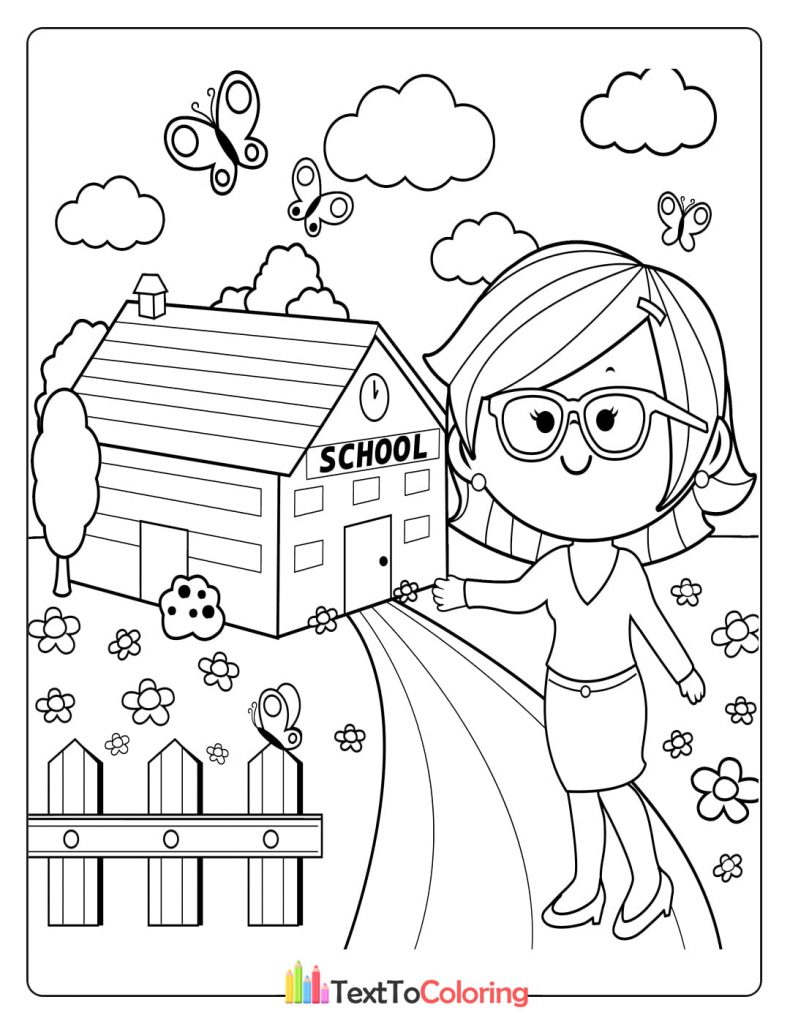 Printable coloring page of the teacher standing in front of the school building