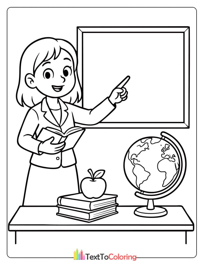 Coloring page of a teacher standing by the board with globe and apple on desk