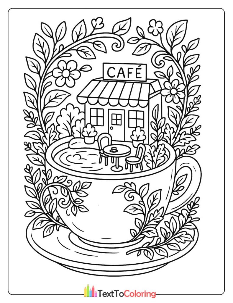 A coloring page of a small cafe with a table and chairs inside a giant teacup.