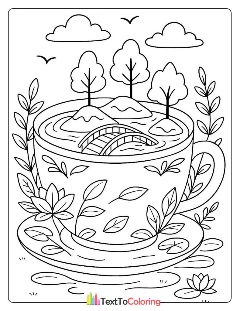 A coloring page of a tiny island with trees and a bridge inside a giant teacup.