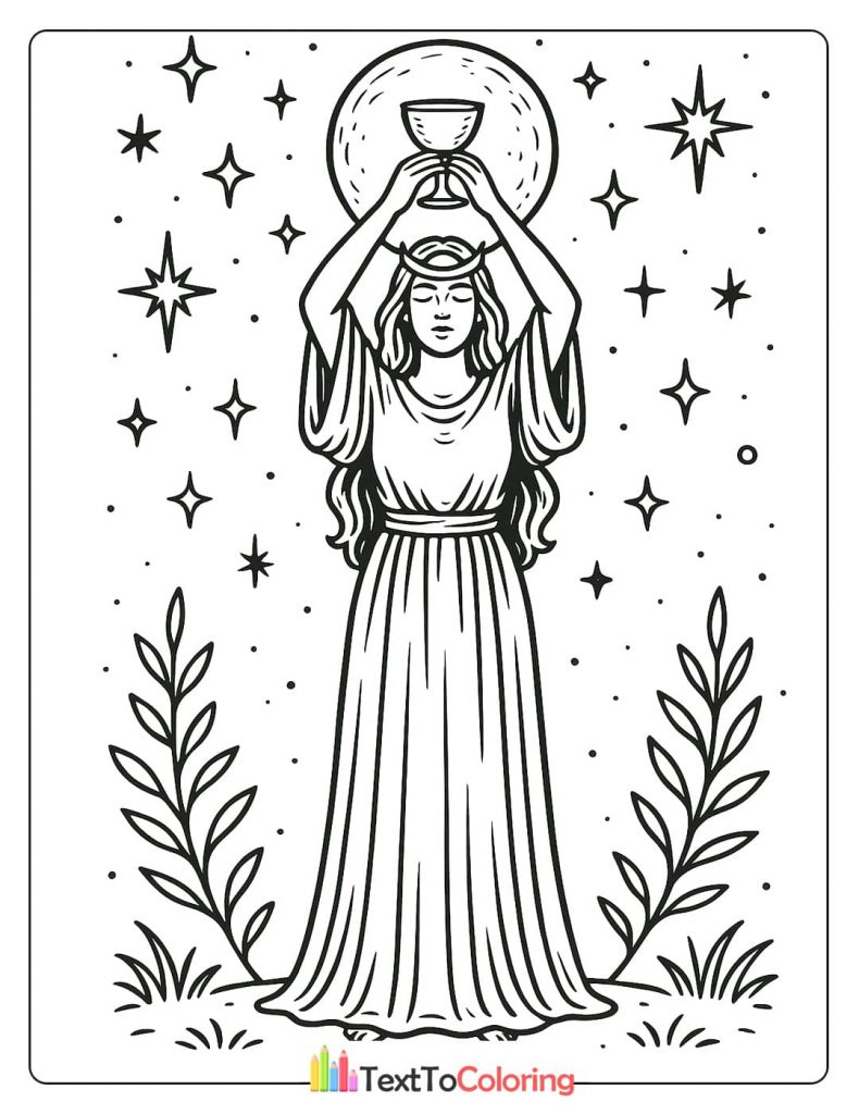 A symbolic black and white coloring page of a goddess holding a chalice above her head in a reverent pose. The figure is surrounded by stars and leafy branches, with a large full moon behind her.