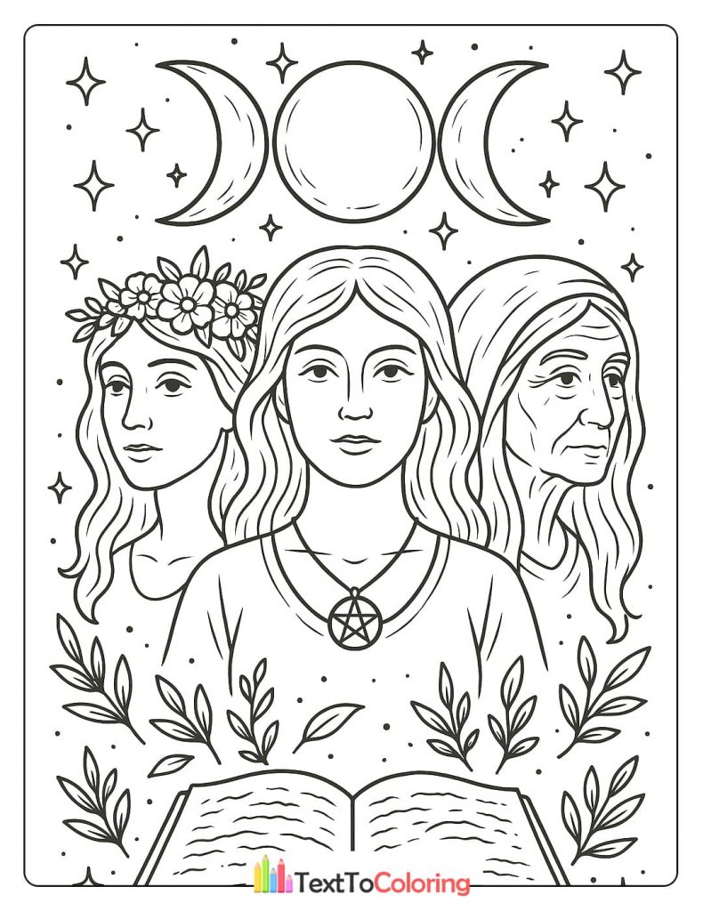 A black and white coloring sheet showing the Triple Goddess: the Maiden, the Mother, and the Crone. The three female figures are positioned under a triple moon symbol, with an open spellbook and plant sprigs at the bottom.