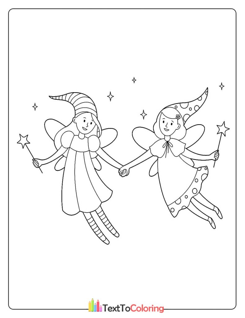 A cute coloring page of two fairies with pointed hats and magic wands, flying and holding hands.