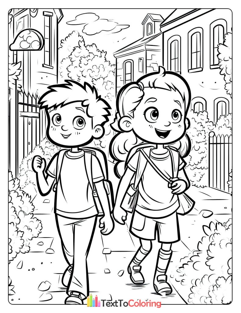 Printable coloring page of two boys with backpacks walking past school buildings