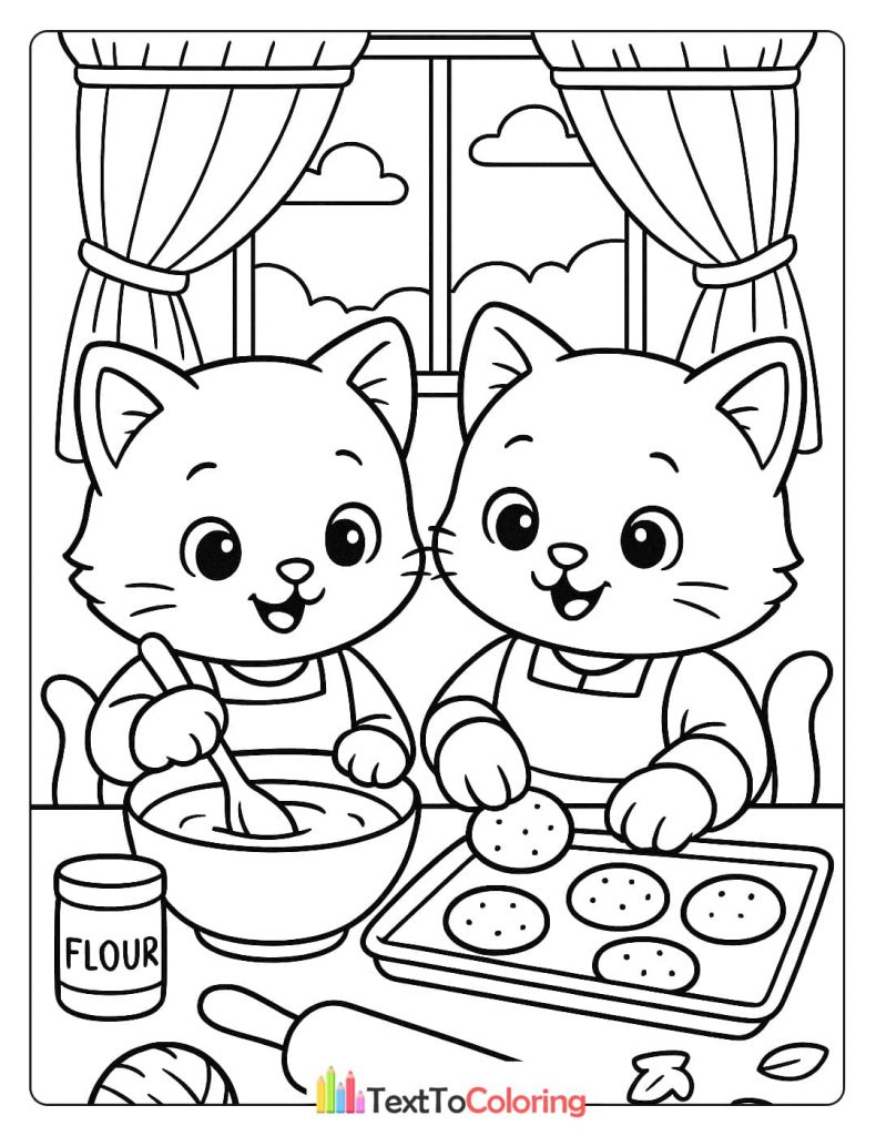 A cute coloring page showing two kittens working together in the kitchen, one stirring dough and the other decorating cookies on a baking sheet