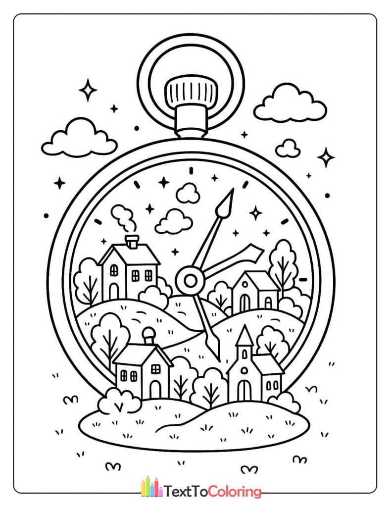 A coloring page of a tiny village with houses and trees inside a pocket watch.