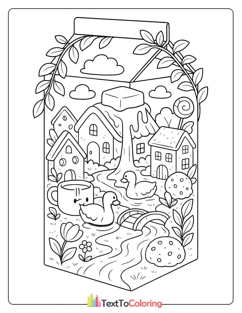 A coloring page of a tiny village with ducks and houses inside a milk carton.