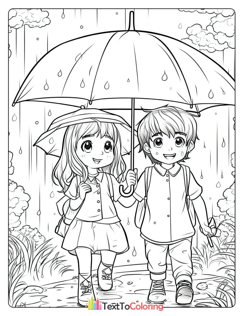 Printable coloring page of two children walking under an umbrella in the rain.