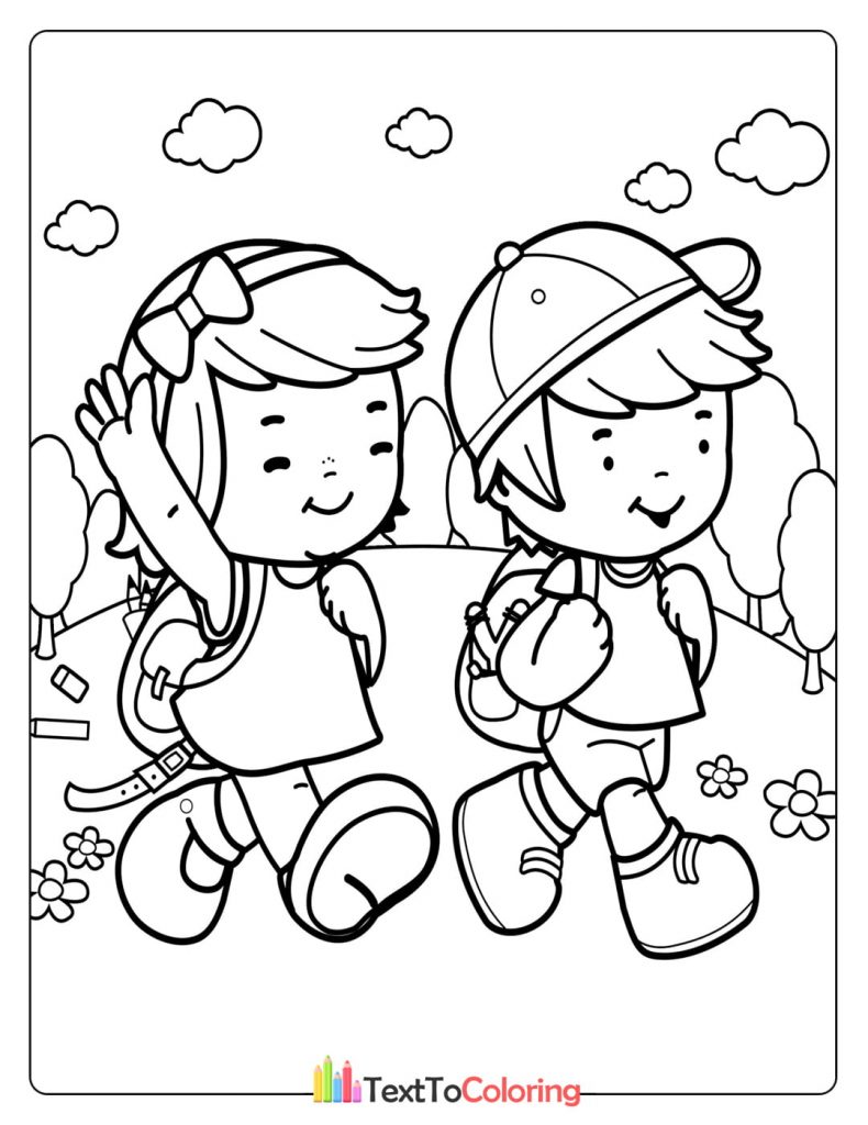 Printable coloring page of two children walking to school together.