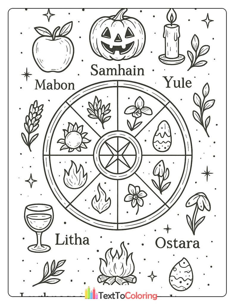 A detailed coloring page featuring the Wiccan Wheel of the Year. The central wheel shows symbols for the eight pagan holidays, with corresponding icons like a pumpkin for Samhain and an apple for Mabon.