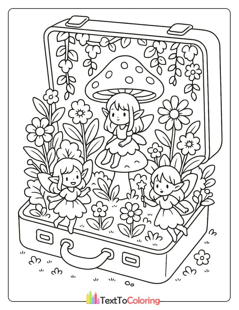 A coloring page of three kawaii fairies playing among flowers and a large mushroom in a suitcase garden.