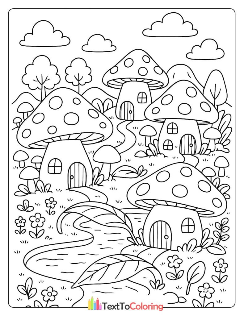 A coloring page of a village with houses shaped like mushrooms.
