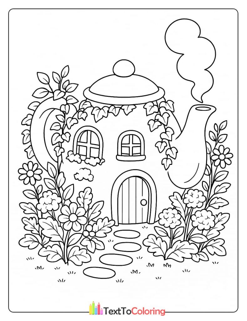 A coloring page of a whimsical house shaped like a teapot, surrounded by flowers.