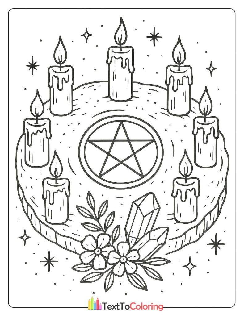 A black and white coloring page featuring a central pentacle on a wooden surface, surrounded by seven lit candles, crystals, and flowers. The background is sprinkled with stars.