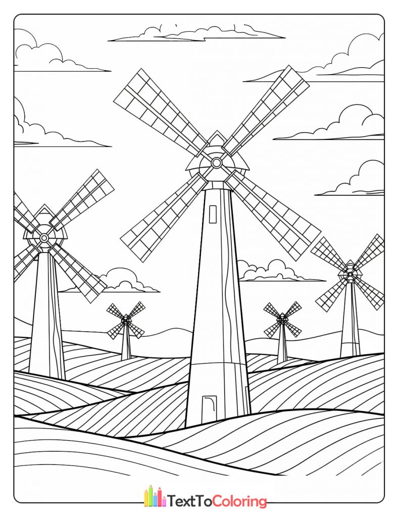 Countryside windmills on rolling fields under a bright sky — autumn landscape coloring page.