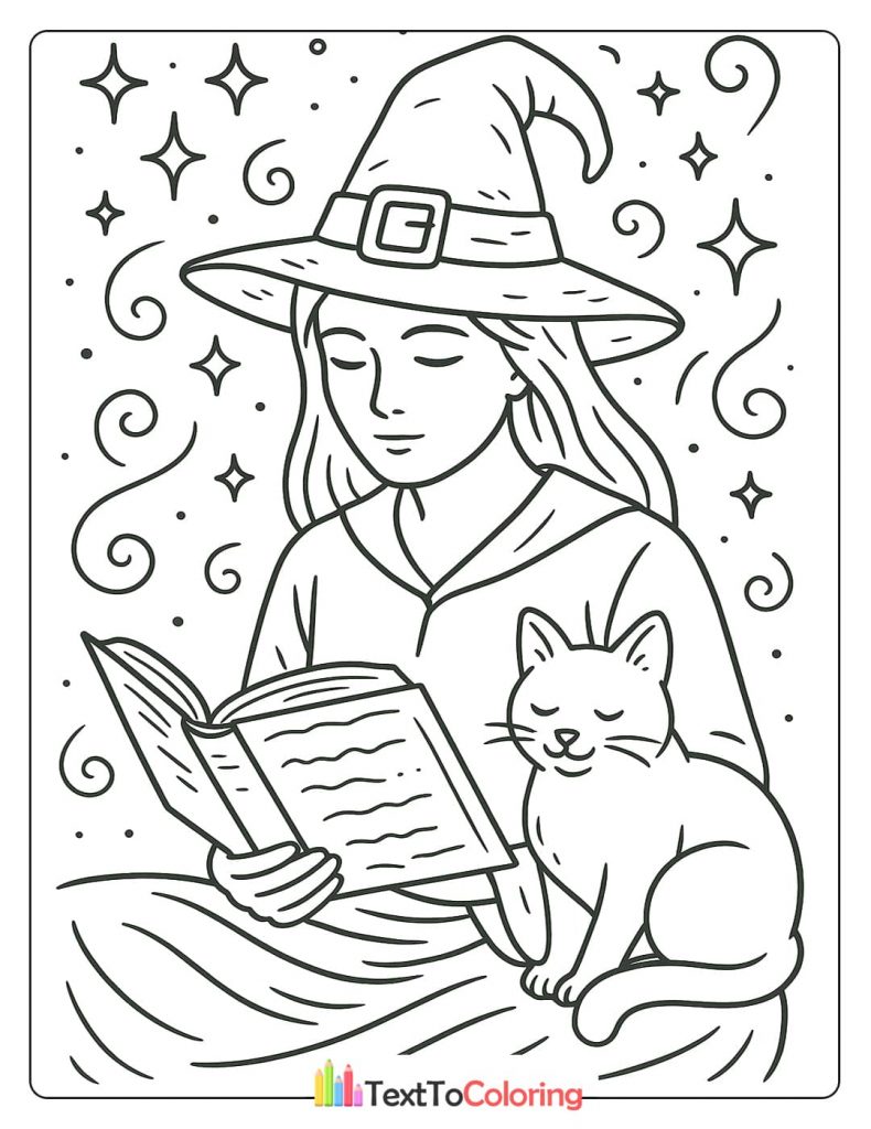 A charming coloring page of a witch in a pointed hat reading from a book of spells. She is sitting with a cat, which is often considered a witch's familiar, under a swirling, starry sky.