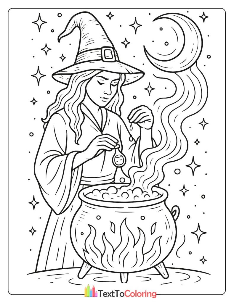 A coloring book page showing a young witch stirring a bubbling cauldron under a crescent moon. She holds a small voodoo doll, with stars scattered around her.