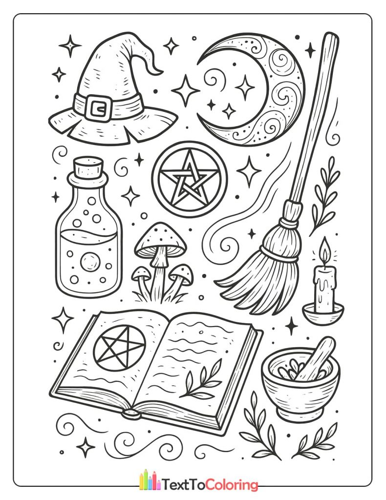 A coloring page collage of classic witchy items: a pointed witch hat, a crescent moon, a broomstick, a pentacle, a bottle of potion, a mortar and pestle, and an open spellbook.