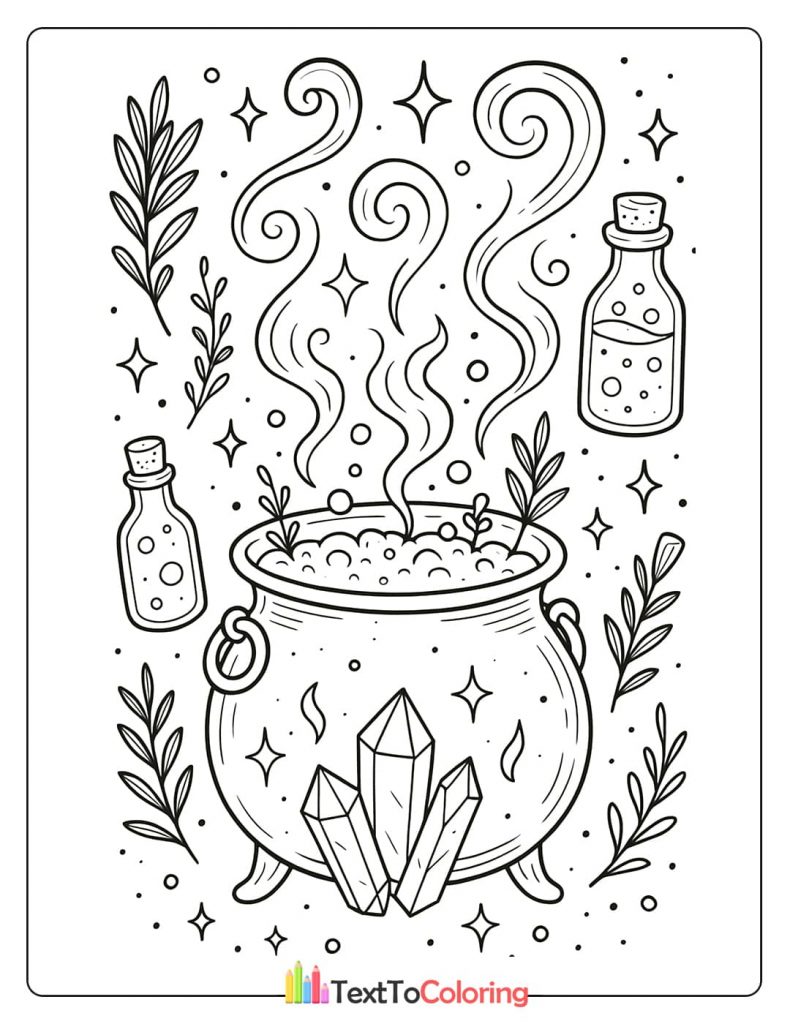 A mystical coloring sheet of a large, bubbling cauldron surrounded by crystals and herb bottles. Wisps of smoke and stars swirl in the background.