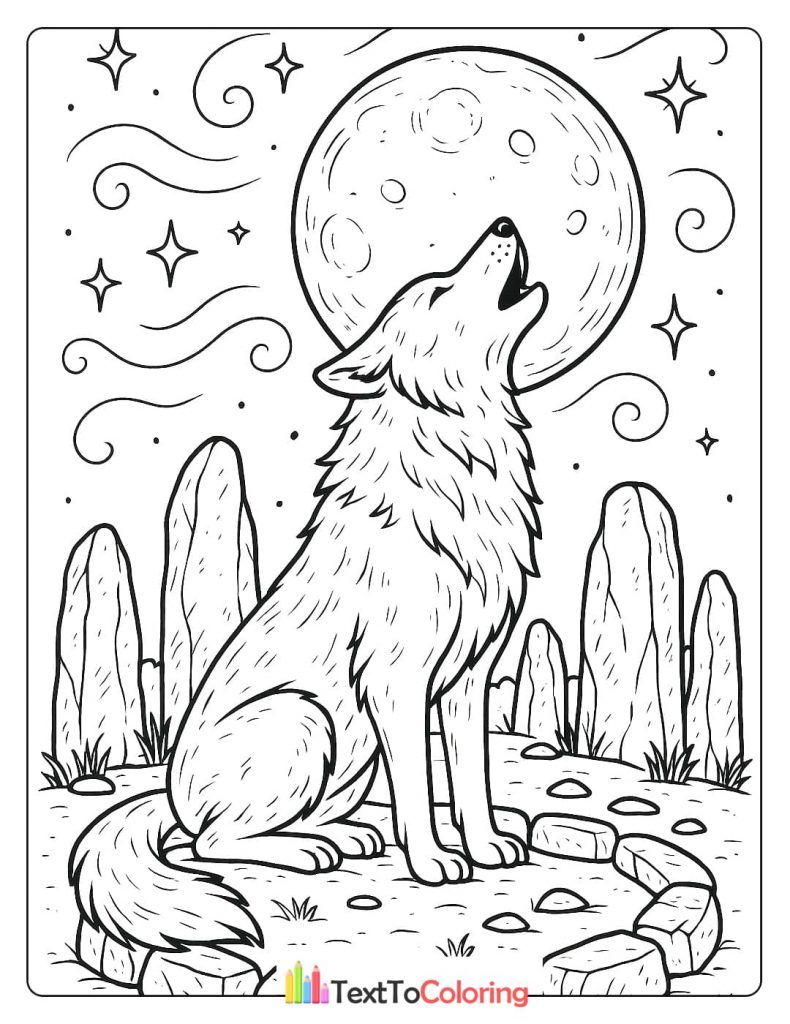 A mystical coloring page featuring a lone wolf sitting on a rocky hill, howling at a large, detailed full moon. The scene is surrounded by menhirs and stars, capturing a magical, wild essence.